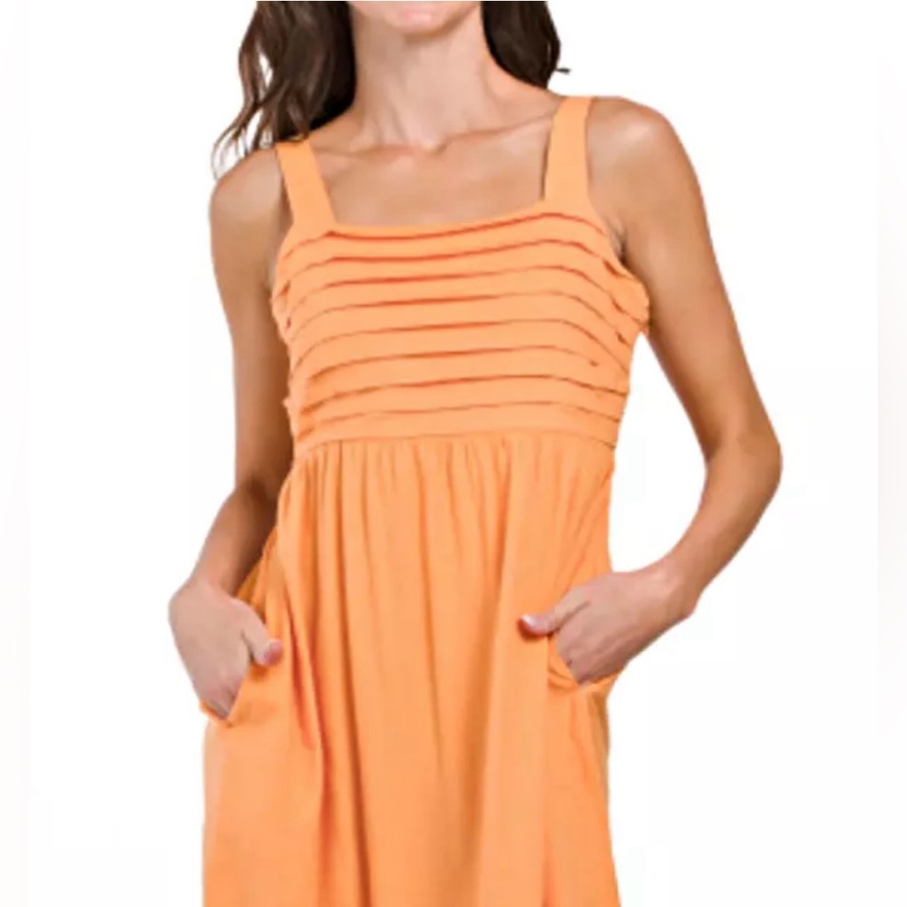 TAHARI Linen Blend Wide Stripes Pockets Pleated Bodice Maxi Dress in Orange Sz 2